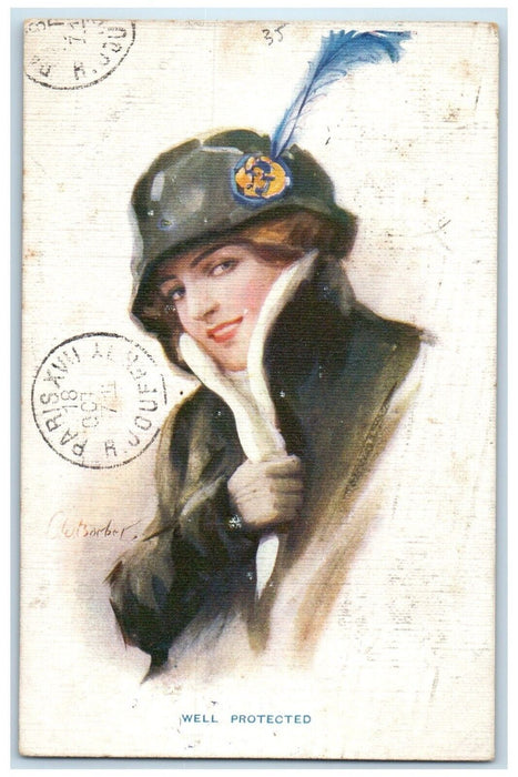 c1910's Pretty Woman Hat Feather Well Protected France Posted Antique Postcard