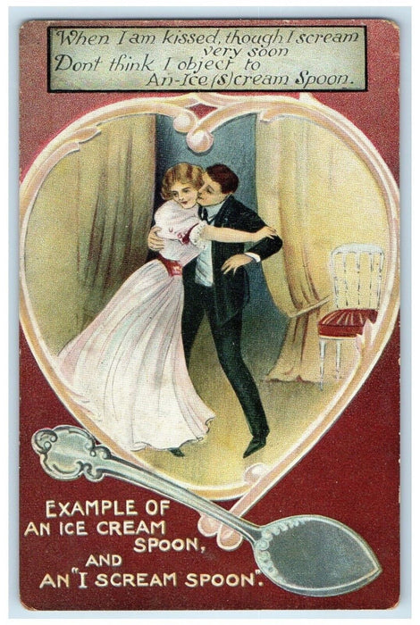 c1910's Valentine Couple Romance Big Heart Spoon Unposted Antique Postcard