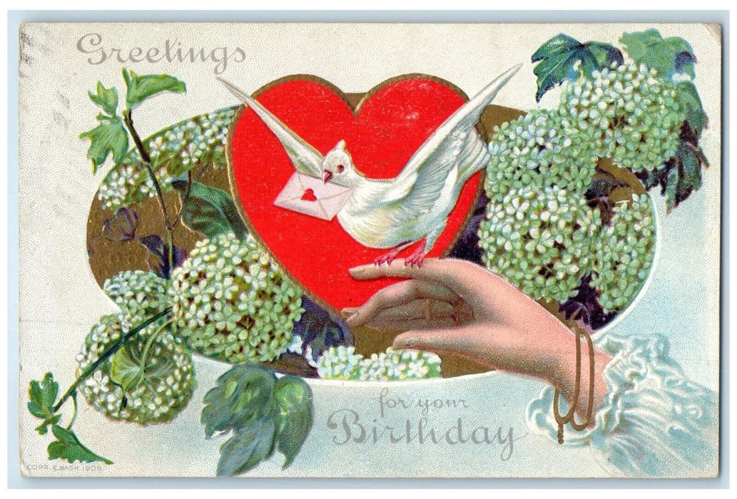 1910 Birthday Greetings Woman Hand Heart Dove Flowers Jeffersonville OH Postcard