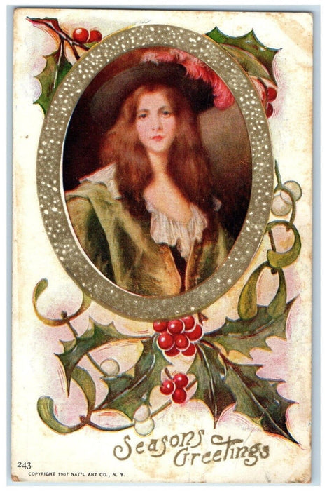 Season's Greetings Pretty Woman Feather Hat Holly Berries Chatfield OH Postcard