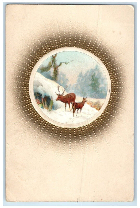 1910 Deer Winter Scene Embossed Papineau Illinois IL Posted Antique Postcard