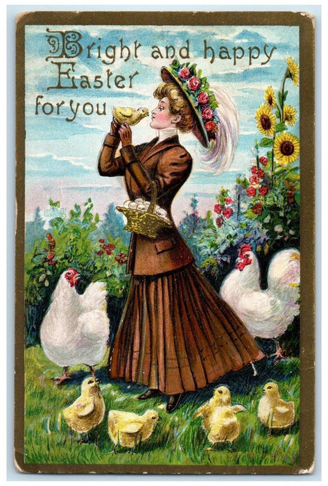 1909 Woman Feather Floral Hat Chicken Hen Chicks Foster Ohio OH Antique Postcard