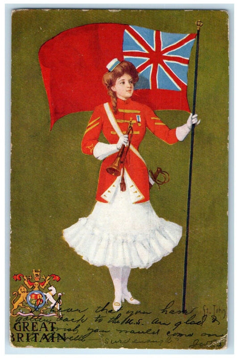 1908 Pretty Woman Holding Flag Great Britain Birmingham Alaska AK Postcard