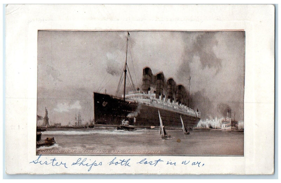 c1910's Cunard RMS Lusitania And Mauretania Steamer Ship Antique Postcard