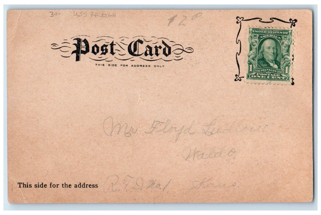 c1905 USS Raleigh Steamer Ship Waldo Kansas KS Posted Antique Postcard