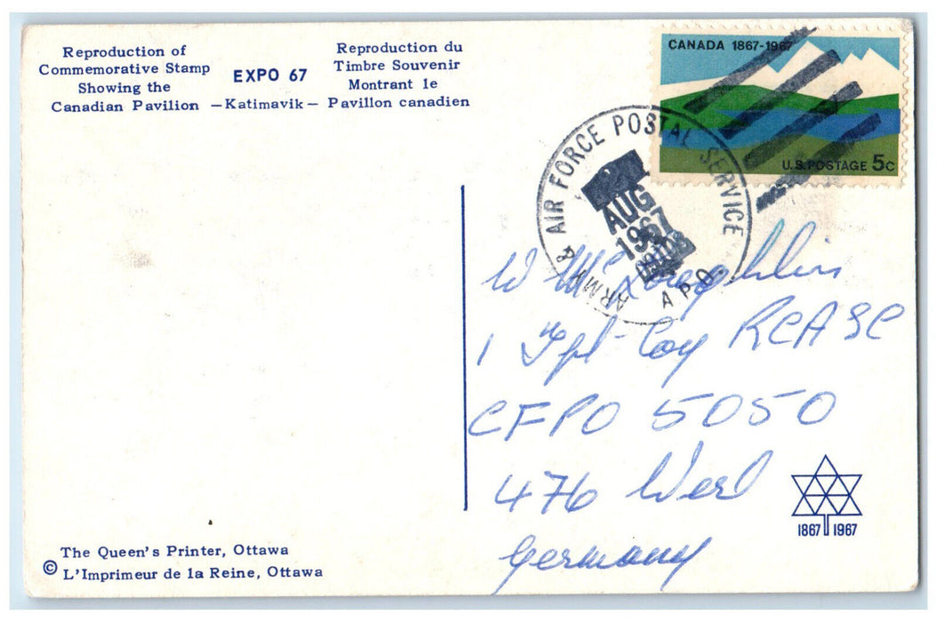 1967 Queen's Printer Ottawa Ontario Canada Expo 67 APO Vintage Postcard