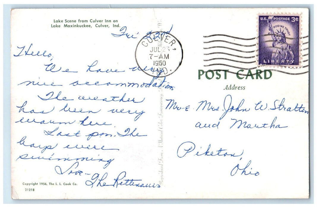 1960 Lake Scene From Culver Inn On Lake Maxinkuckee Culver Indiana IN Postcard