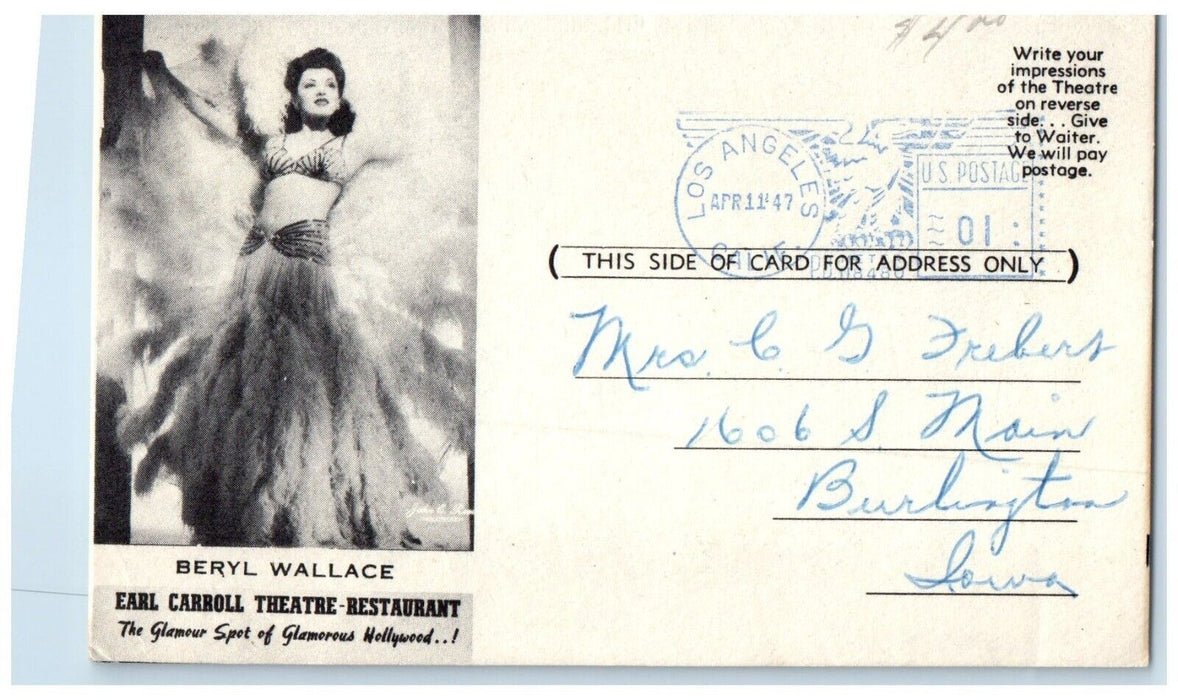 1947 Beryl Wallace Earl Carroll Theatre Restaurant Los Angeles CA Postcard