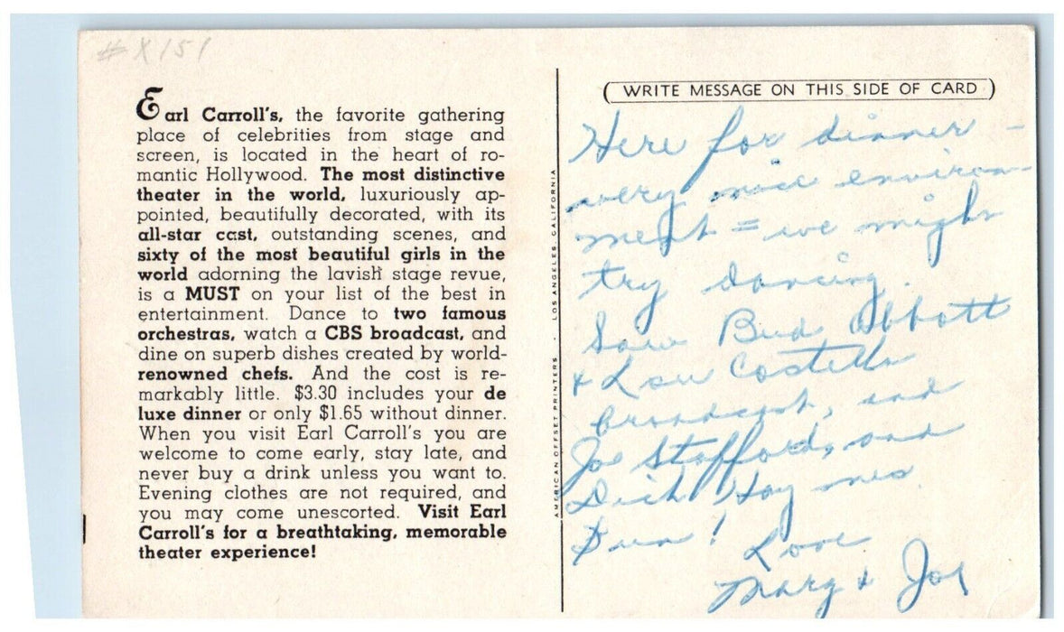 1947 Beryl Wallace Earl Carroll Theatre Restaurant Los Angeles CA Postcard