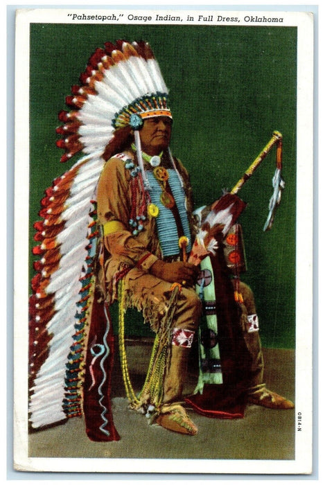 1941 Pahsetopah Osage Indian In Full Dress Oklahoma Enid OK Vintage Postcard