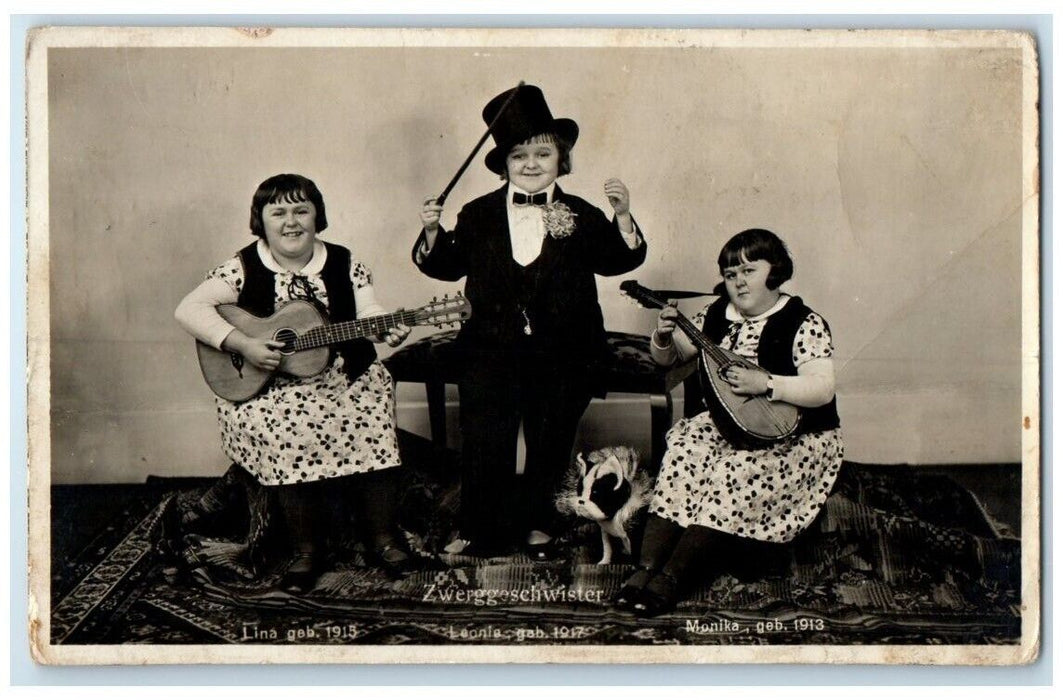 c1930's Dwarf Midget Sisters Top Hat Cane Guitar Germany RPPC Photo Postcard