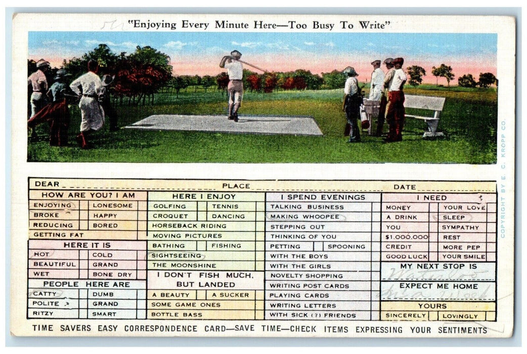 1937 Enjoying Every Minute Here Too Busy Write Golfing Saint Louis MO Postcard