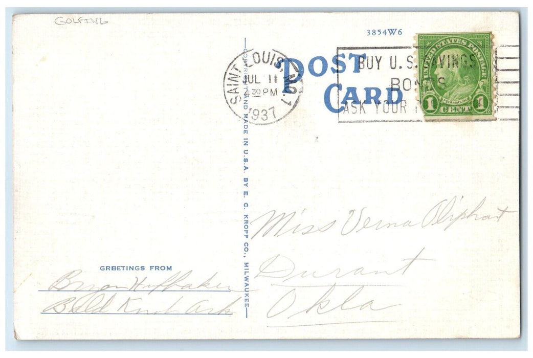 1937 Enjoying Every Minute Here Too Busy Write Golfing Saint Louis MO Postcard