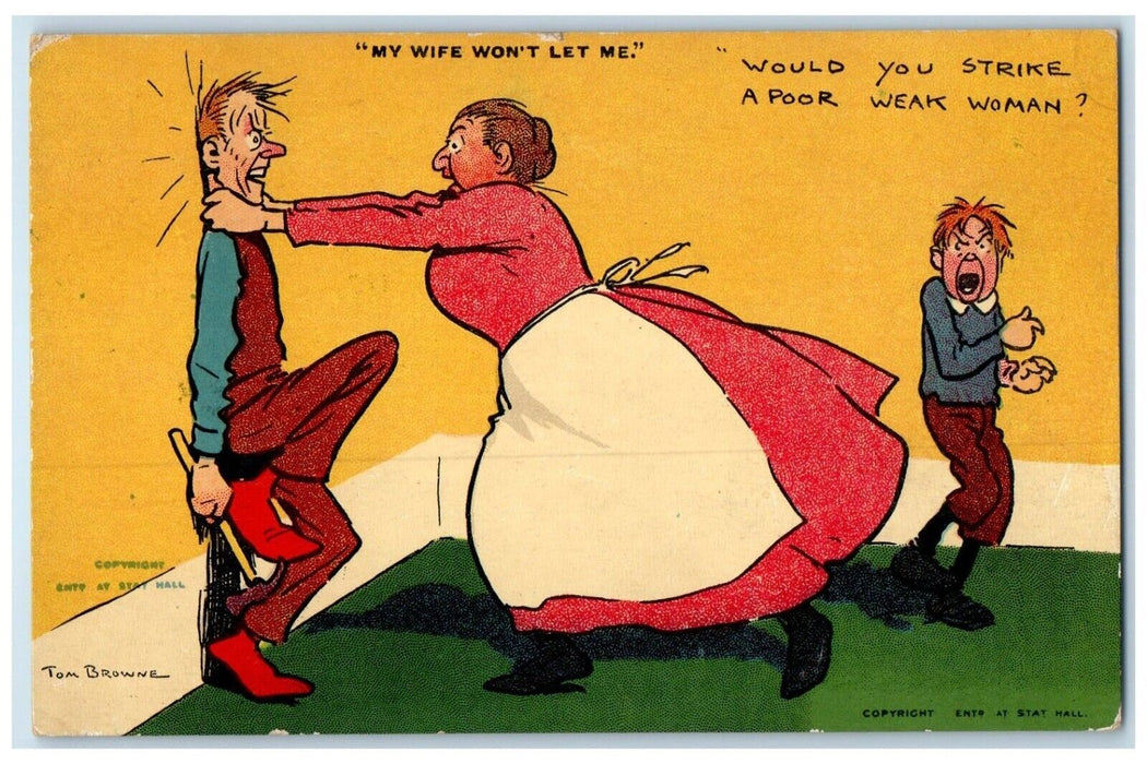 1909 Angry Wife Chocking Husband My Wife Won't Let Me Osborne Kansas KS Postcard