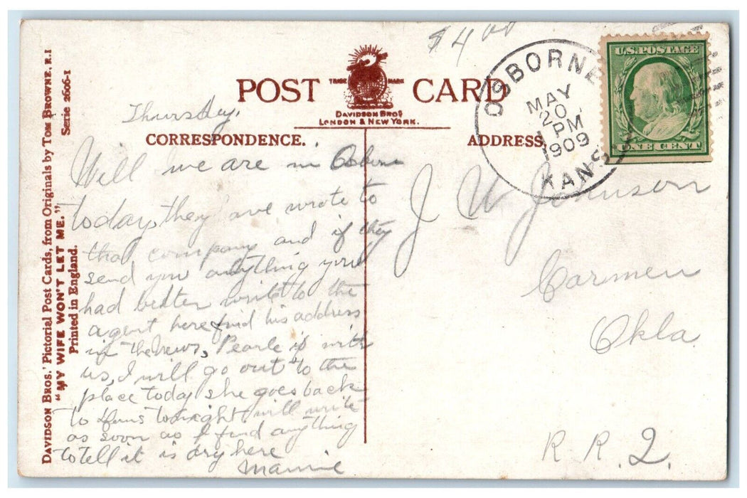 1909 Angry Wife Chocking Husband My Wife Won't Let Me Osborne Kansas KS Postcard