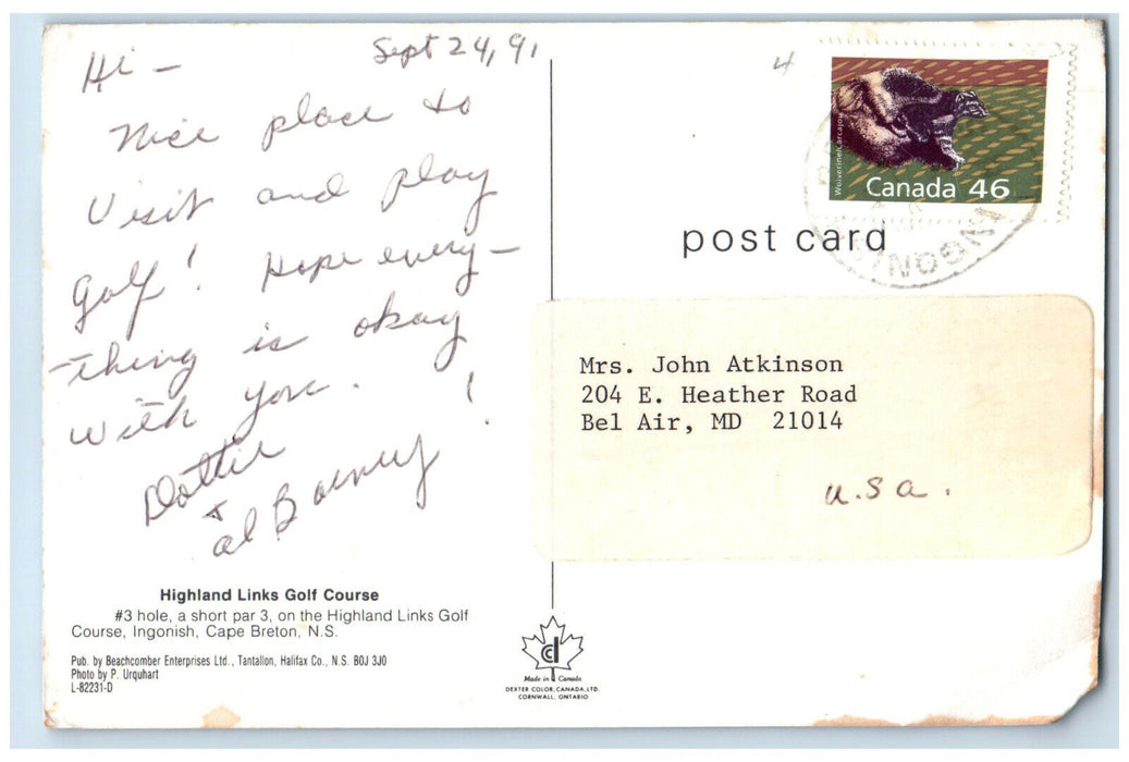 1991 Highland Links Golf Course Cape Breton Nova Scotia Canada Postcard