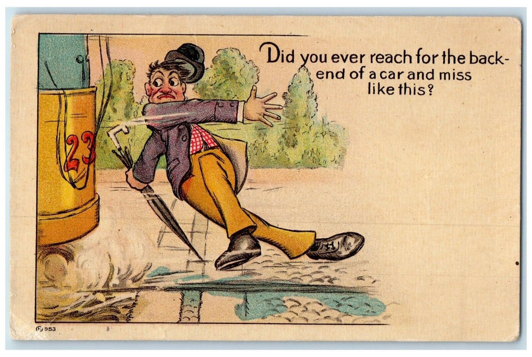 1908 Man Crossing Trolley Train Street Car Rexford Kansas KS Antique Postcard