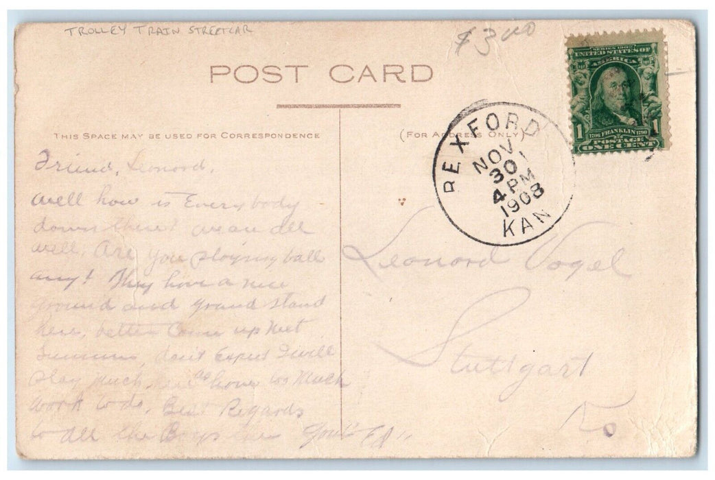 1908 Man Crossing Trolley Train Street Car Rexford Kansas KS Antique Postcard