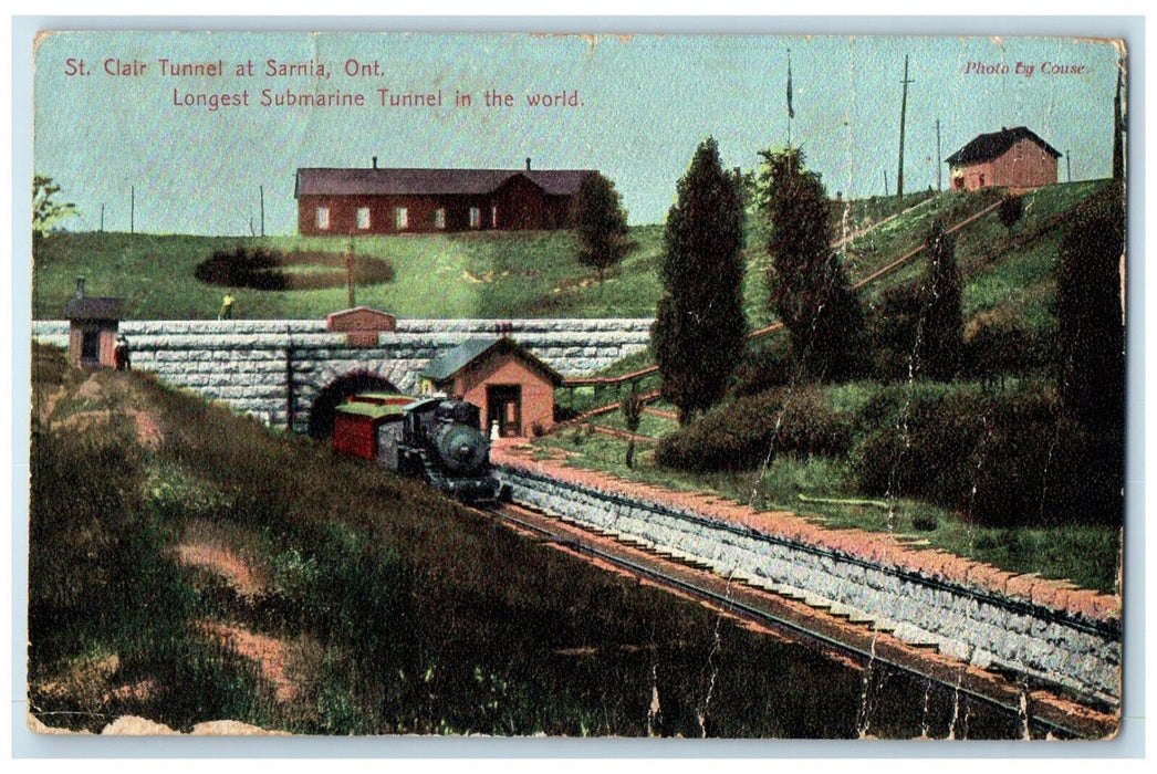 c1910 Train Locomotive St. Clair Tunnel Sarnia Ontario Canada Postcard