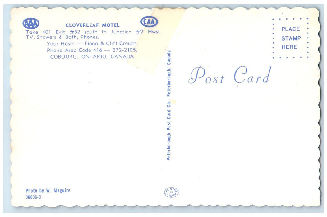 c1950's Cloverleaf Motel Cobourg Ontario Canada Vintage Unposted Postcard