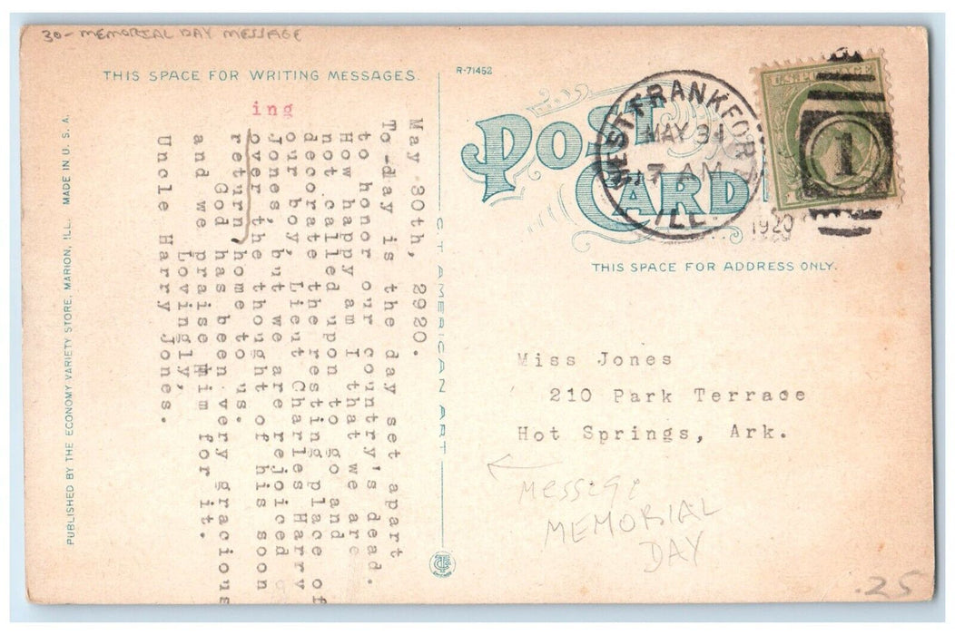 1920 Township High School Marion Illinois IL, Memorial Day Message Postcard