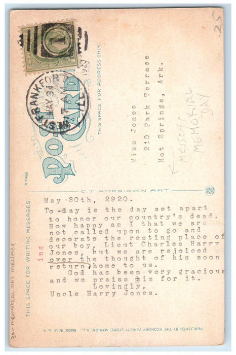 1920 Township High School Marion Illinois IL, Memorial Day Message Postcard