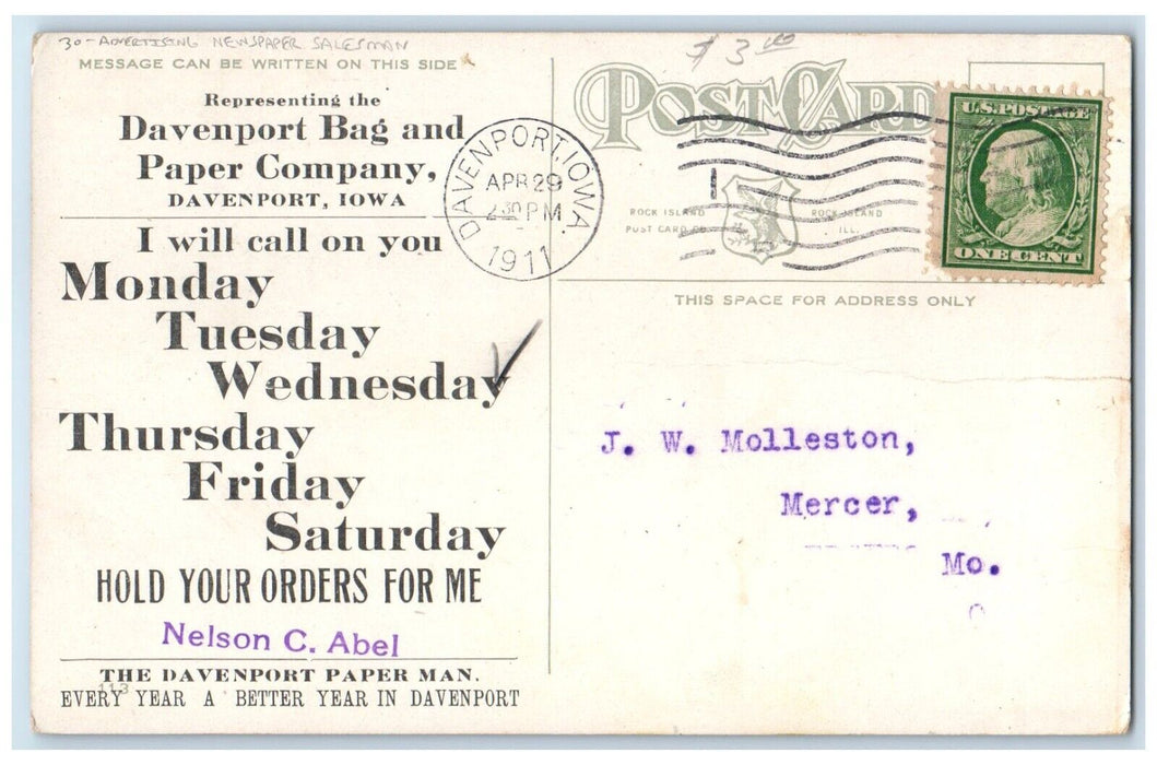 1911 Court House Davenport Iowa IA, Advertising Newspaper Salesman Postcard