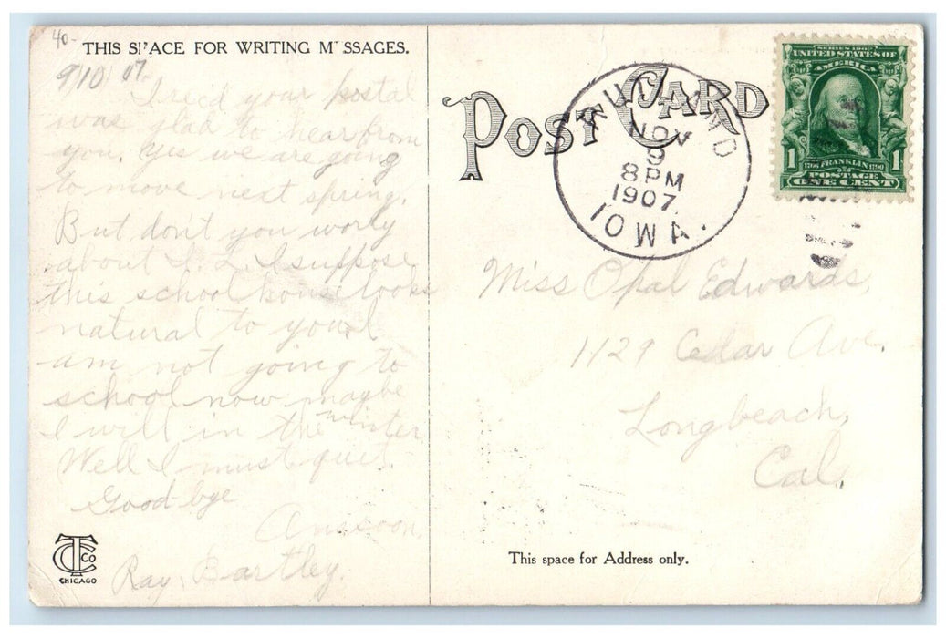 1907 School House Building Rutland Iowa IA Posted Antique Postcard