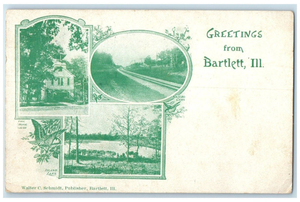 1909 Greetings From Bartlett Illinois IL, Multiview Antique Postcard