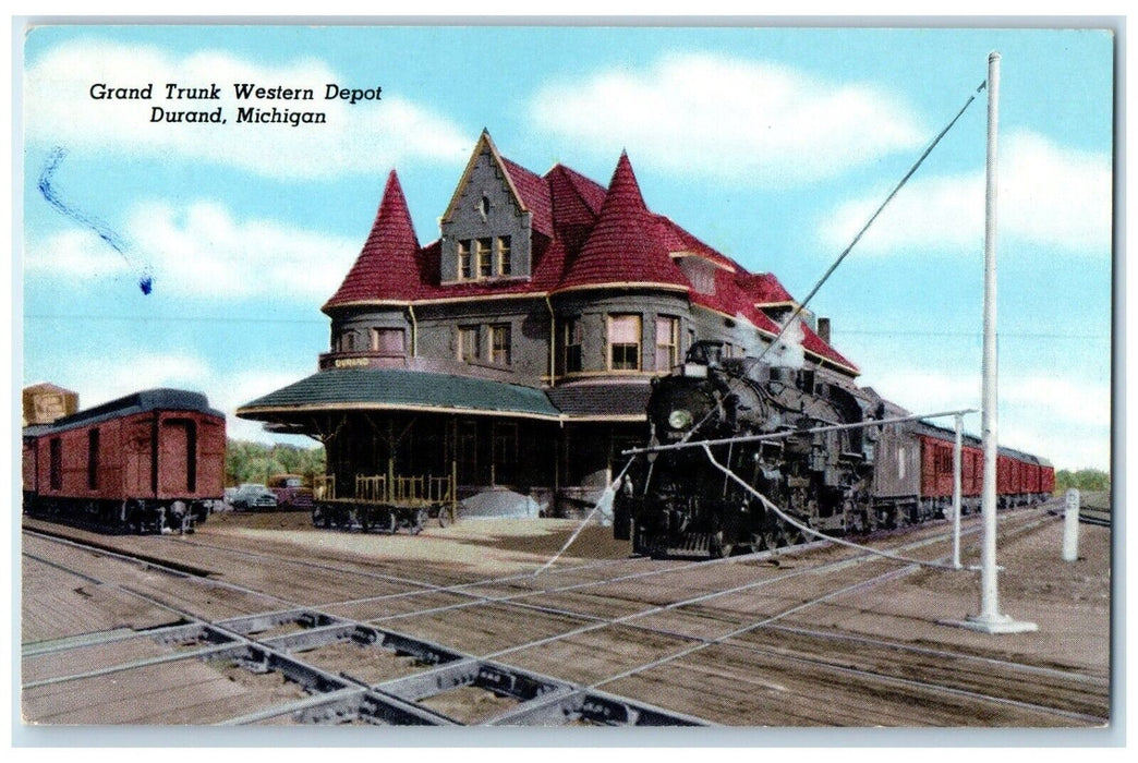 c1940 Grand Trunk Western Depot Locomotive Train Rail Durand Michigan Postcard