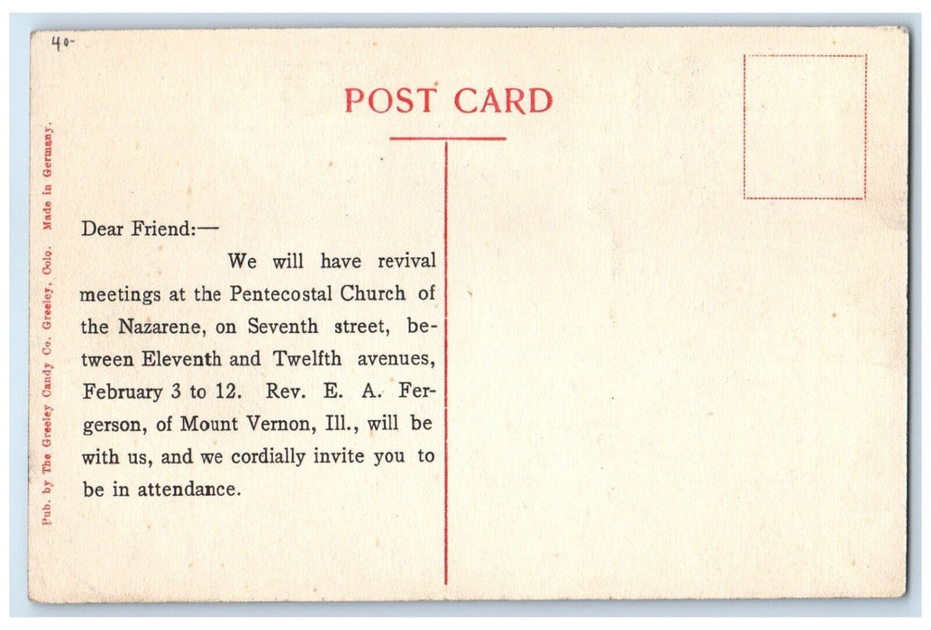 c1910's First Church Of Nazarene Greeley Colorado CO Posted Antique Postcard