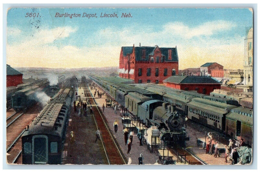 1914 Burlington Depot Exterior Building Locomotive Lincoln Nebraska NE Postcard