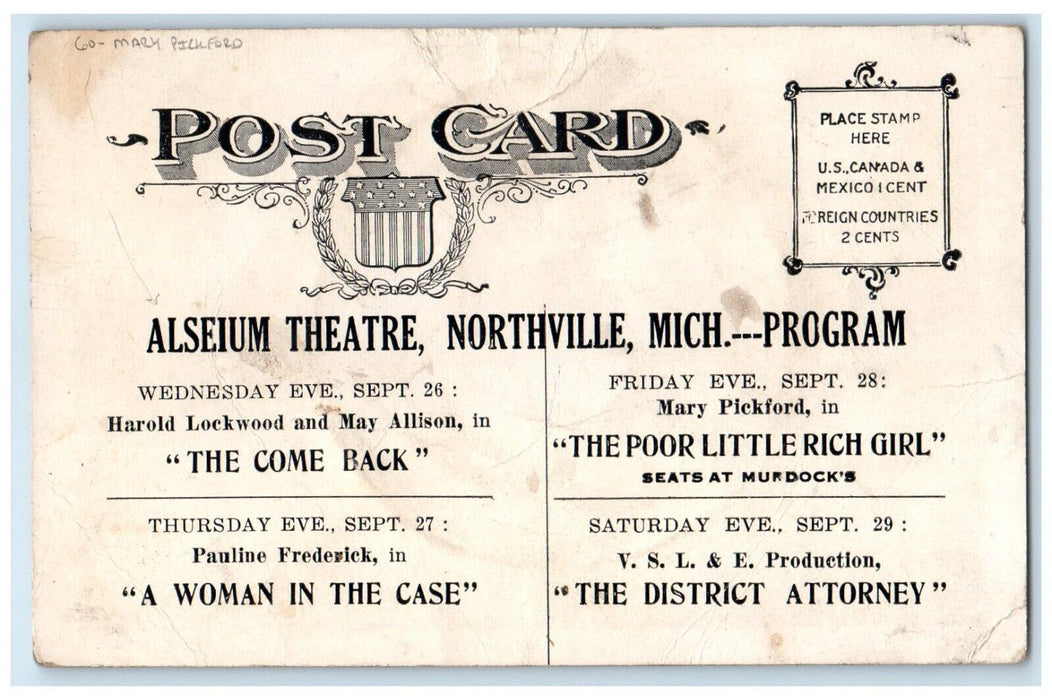 c1910's Pretty Woman Mary Pickford Alseium Theater Northville MI Postcard