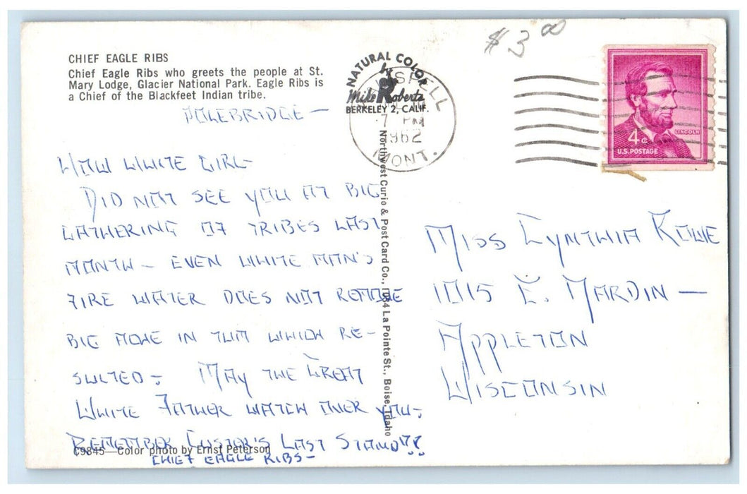 1962 Chief Eagle Ribs St. Mary Lodge Glacier National Park MT Vintage Postcard