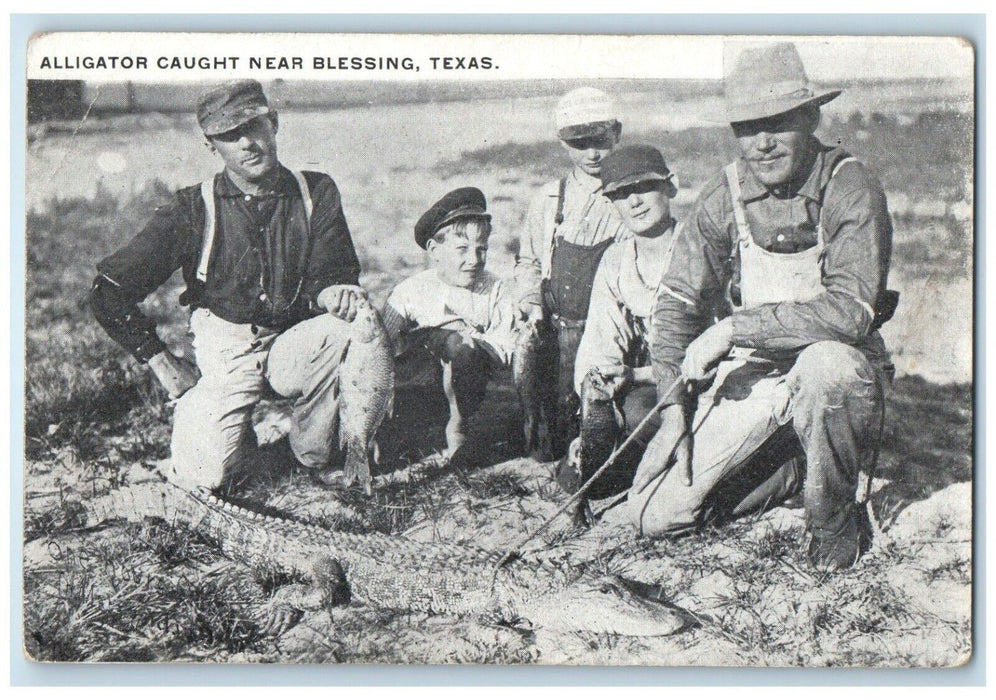 c1910's Alligator Caught Near Blessing Texas TX, Boys Unposted Antique Postcard