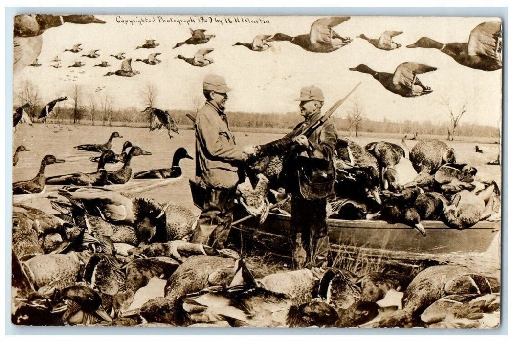 1909 W.H. Martin Exaggerated Duck Hunting Shotgun Boat RPPC Photo Postcard