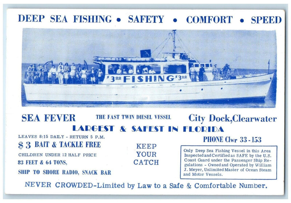 Sea Fever Fast Twin Diesel Vessel City Dock Clearwater FL Advertising Postcard