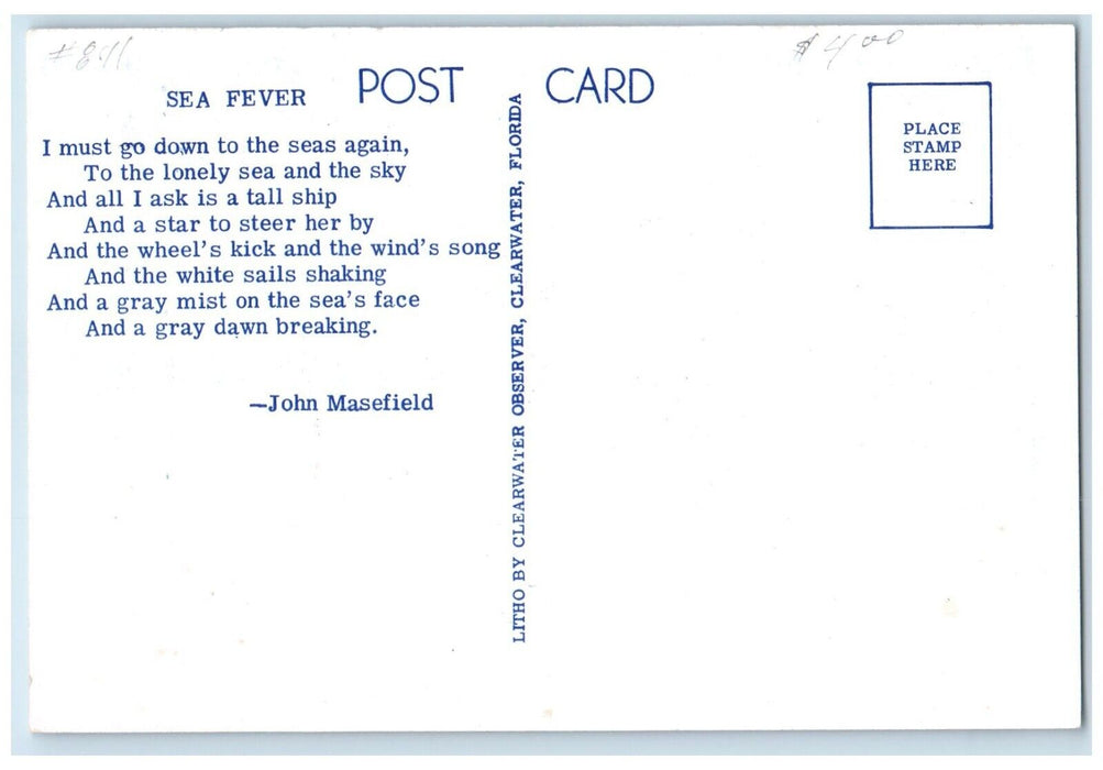 Sea Fever Fast Twin Diesel Vessel City Dock Clearwater FL Advertising Postcard