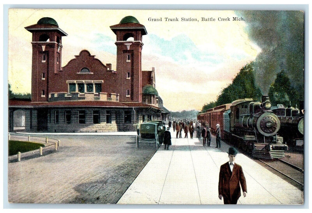 c1910 Grand Trunk Station Locomotive Train Rail Battle Creek Michigan Postcard