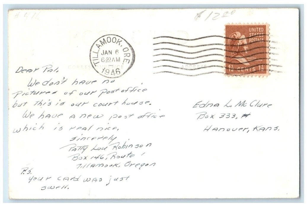 1946 Court House Building View Tillamook Oregon OR RPPC Photo Posted Postcard