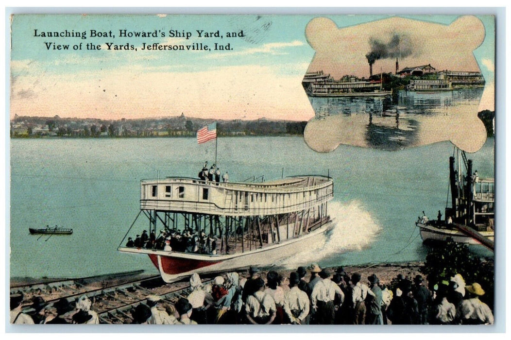 1912 Launching Boat Howard's Ship Yard And View Yards Jeffersonville IN Postcard