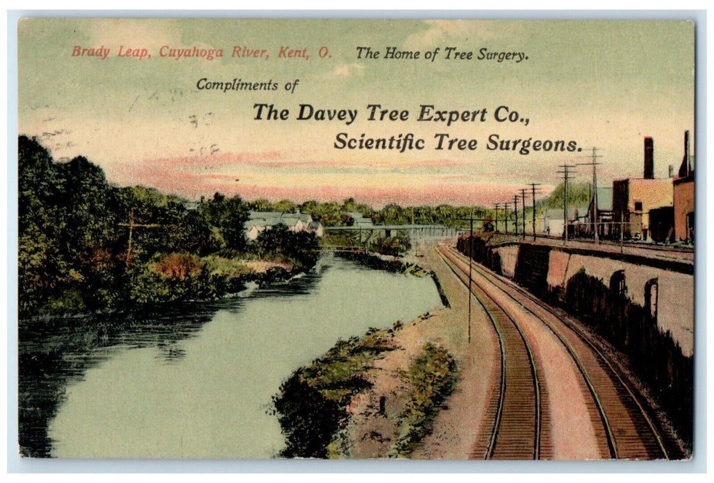 1909 Brady Leap Cayahoga River Kent OH, Advertising Davey Tree Surgeon Postcard