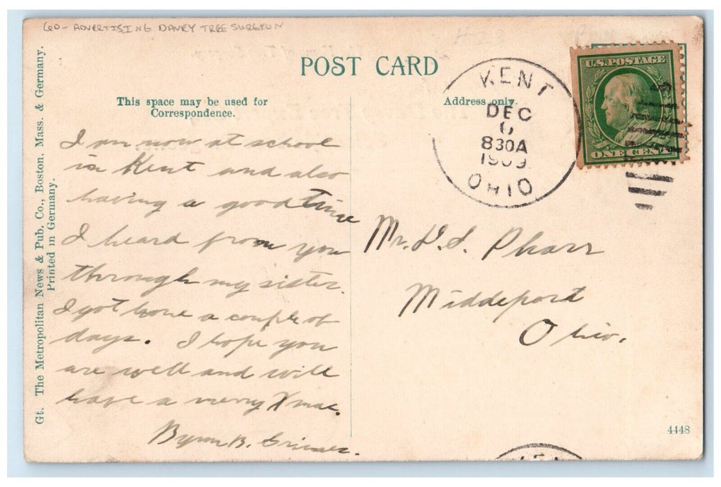 1909 Brady Leap Cayahoga River Kent OH, Advertising Davey Tree Surgeon Postcard