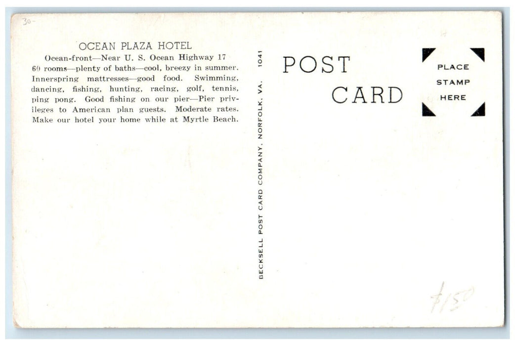 c1930's Ocean Plaza Hotel Myrtle Beach South Carolina SC, Ocean Front Postcard