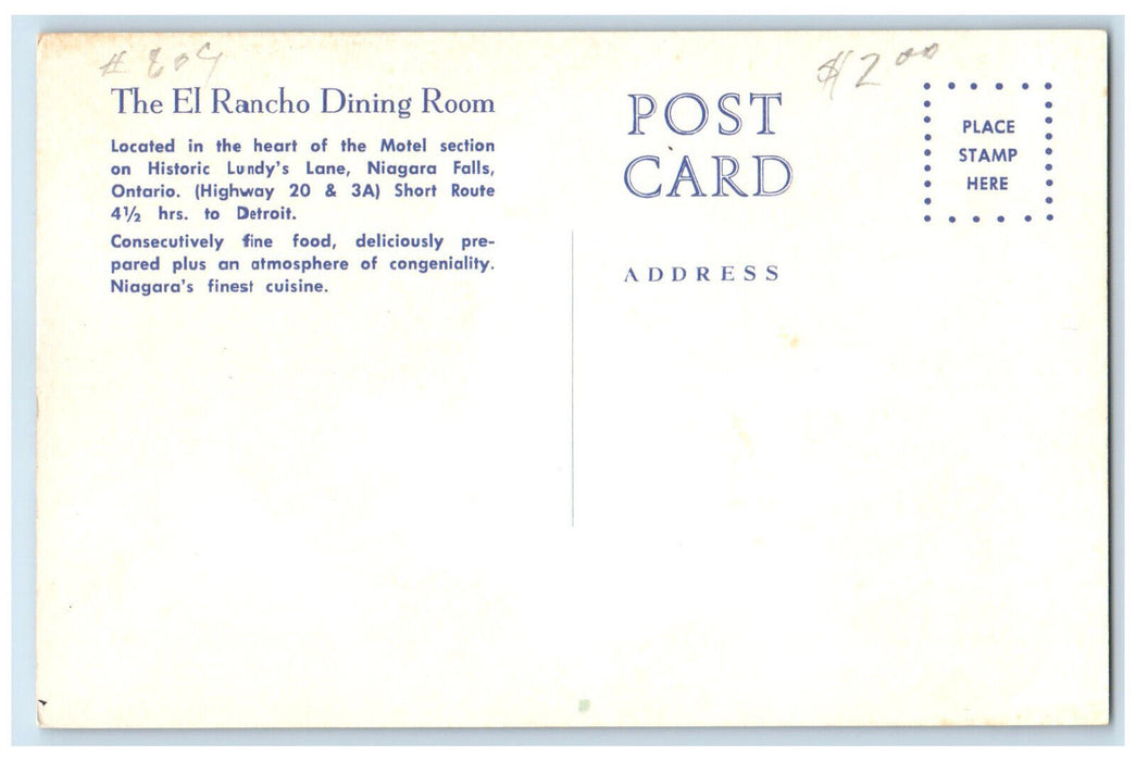 c1950's El Rancho Dining Room Niagara Falls Ontario Canada Unposted Postcard