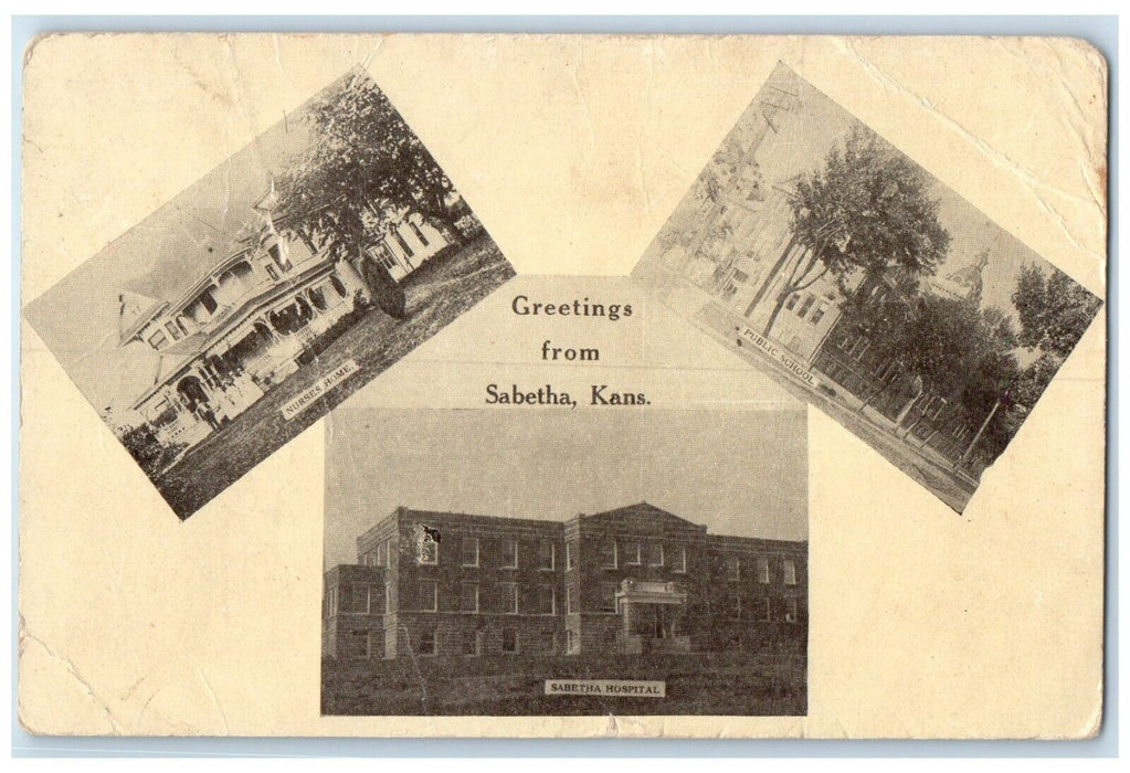 1912 Greetings From Sabetha Kansas KS Multiview Posted Antique Postcard