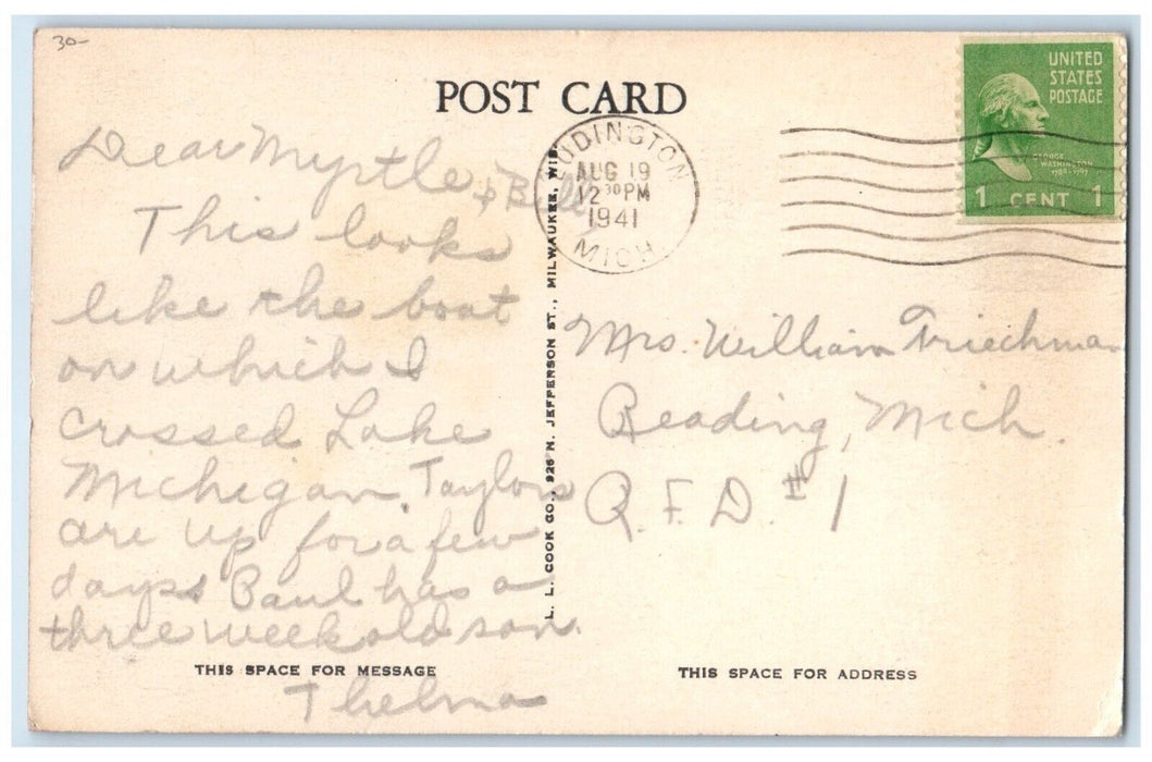 1941 Pere Marquette Streamline Carferry City Of Midland 41 Ludington MI Postcard