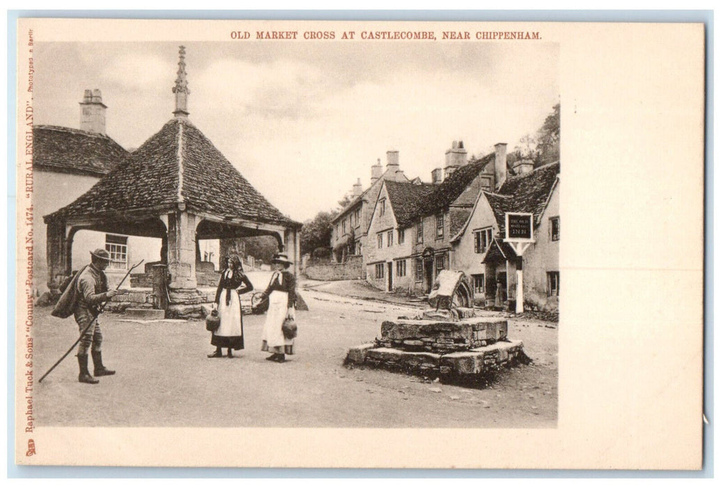 c1940's Old Market Cross Castlecombe Chippenham England County Tuck Art Postcard