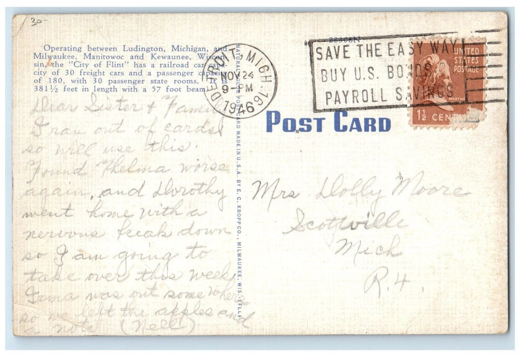 1946 Carferry City Of Flint Steamer Ship Detroit Michigan MI Vintage Postcard
