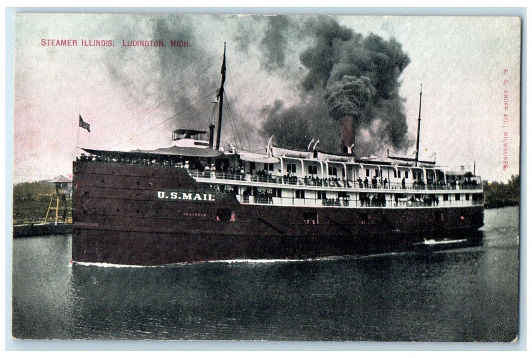 c1910's Steamer Ship Illinois Ludington Michigan MI US Mail Antique Postcard